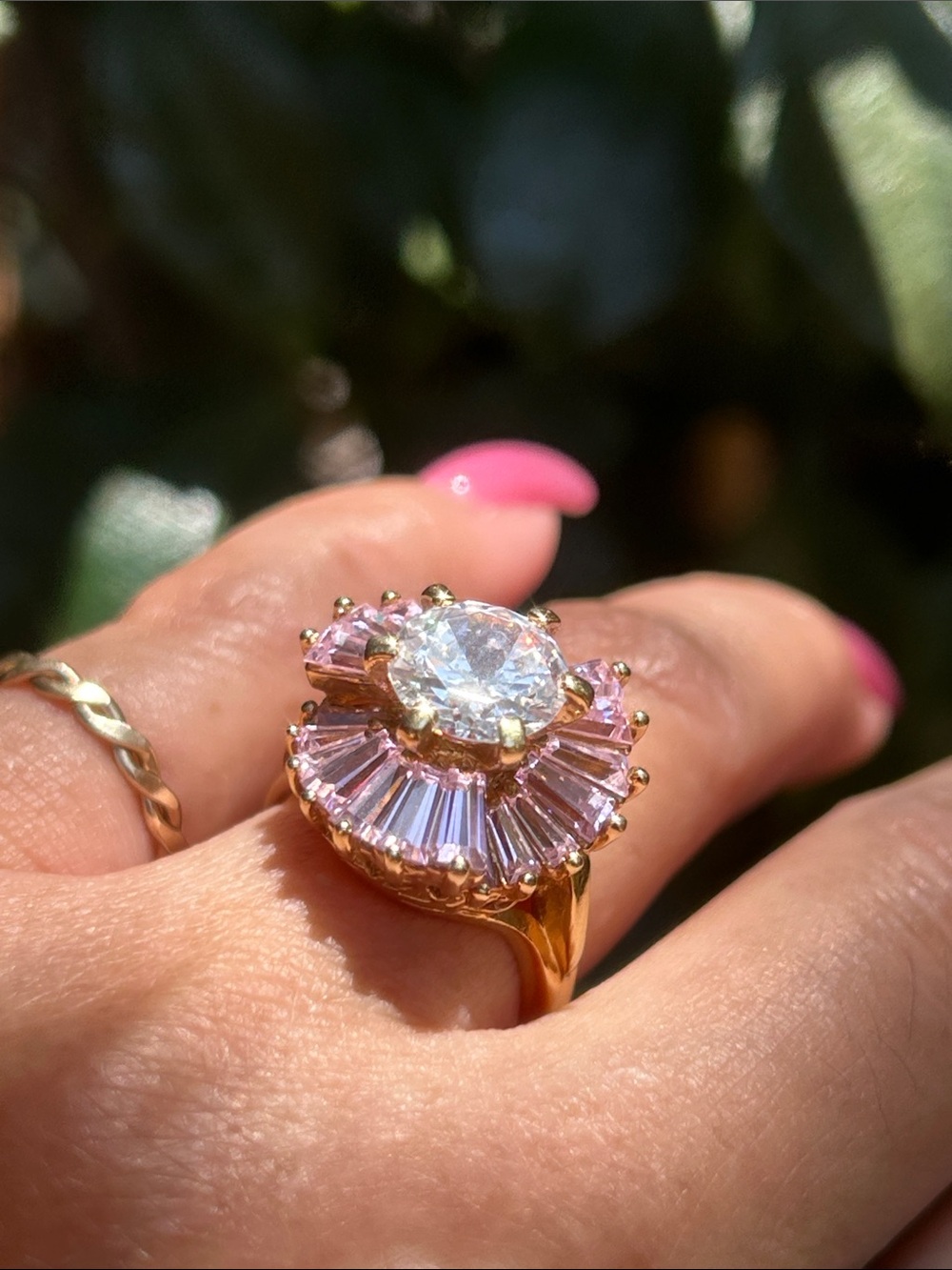 Gold Vermeil Pink Halo Cocktail Ballerina Ring with Center Crystal 6 1/4